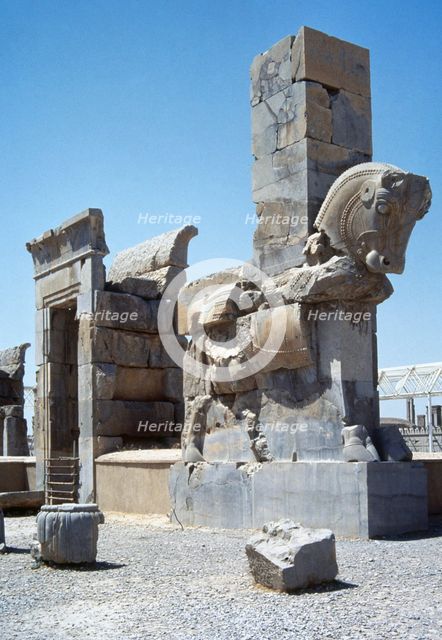 Column shaped like a bull, northern gate entrance, Palace of 100 Columns, Persepolis, Iran, 1994. Creator: LTL.