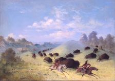 Comanche Indians Chasing Buffalo with Lances and Bows, 1846-1848. Creator: George Catlin