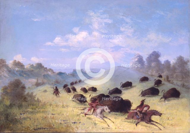 Comanche Indians Chasing Buffalo with Lances and Bows, 1846-1848. Creator: George Catlin.