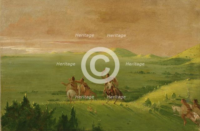 Comanche War Party, Chief Discovering the Enemy and Urging his Men at Sunrise, 1834-1835. Creator: George Catlin.