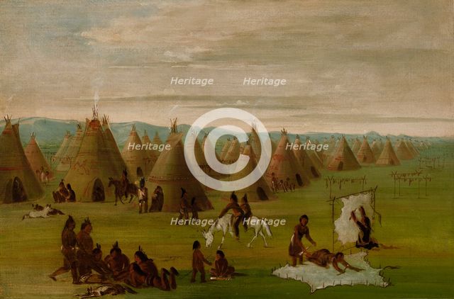 Comanche Village, Women Dressing Robes and Drying Meat, 1834-1835. Creator: George Catlin.