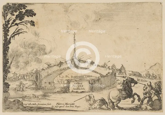 Combat on a bridge, a horseman and two footsoldiers battle with swords at bottom right..., ca. 1645. Creator: Stefano della Bella.