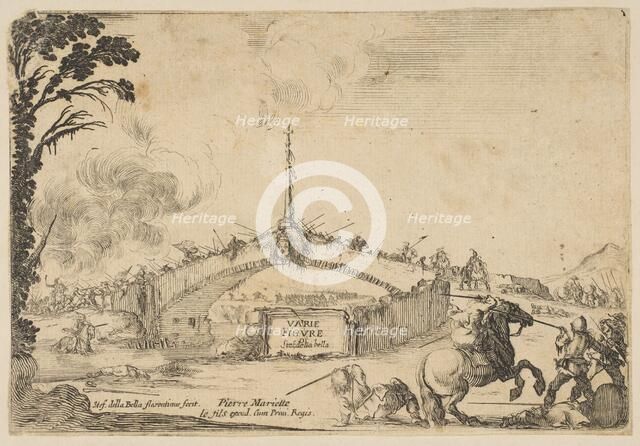 Combat on a bridge, a horseman and two footsoldiers battle with swords at bottom right..., ca. 1645. Creator: Stefano della Bella.