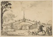 Combat on a bridge, a horseman and two footsoldiers battle with swords at bottom right..., ca. 1645. Creator: Stefano della Bella