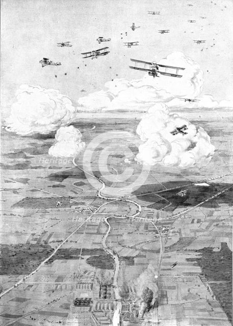 ''Combat Aerien; Un raid de jour; Escadre Francaise sur l'objectif; des usines au d'une...', 1918. Creator: Etienne Cournault.