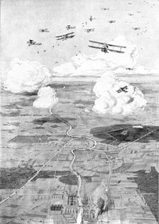 'Combat Aerien; Un raid de jour; Escadre Francaise sur l'objectif; des usines au d'une... 1918. Creator: Etienne Cournault