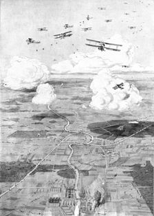'Combat Aerien; Un raid de jour; Escadre Francaise sur l'objectif; des usines au d'une... 1918. Creator: Etienne Cournault