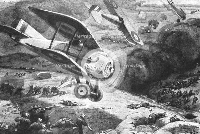 'Combat Aerien; Au combat avec l'infanterie; La guerre de mouvements reparu en 1918. Creator: Maurice Busset.