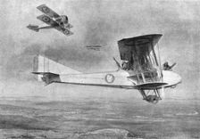 Combat Aerien; Avion triplace, en mission photographique, protégé par un Spad, 1918. Creator: Etienne Cournault