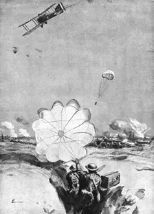 Combat Aerien; Avion ravitaillant en munitions, au moyen de parachutes, des mitrailleurs..., 1918. Creator: Joseph Simpson