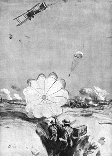 Combat Aerien; Avion ravitaillant en munitions, au moyen de parachutes, des mitrailleurs..., 1918. Creator: Joseph Simpson