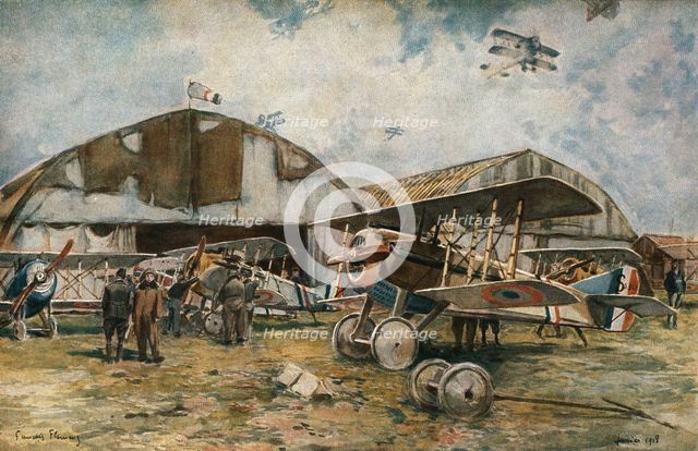 ''Combat Aerien; Devant les hangars d,une escadrille de chasse', 1918. Creator: Francois Flameng.