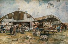 'Combat Aerien; Devant les hangars d,une escadrille de chasse 1918. Creator: Francois Flameng
