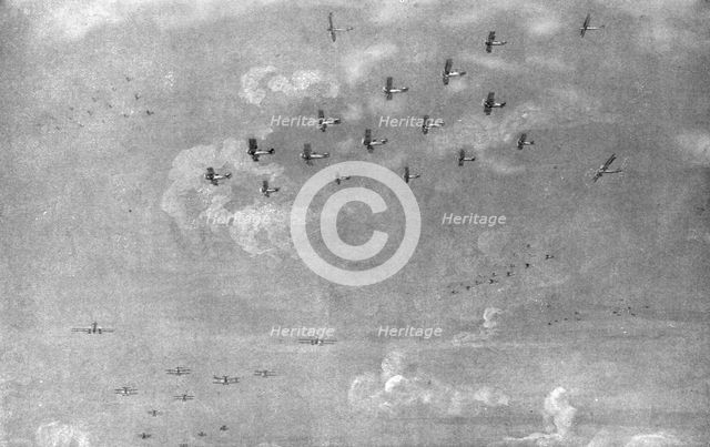 ''Combat Aerien; en escadre; Escadre de bombardement en expedition...,1918. Creator: Etienne Cournault.