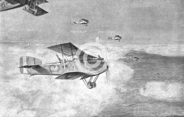 'Combat Aerien; Escadre de bombardement de jour, volant au-dessus de la mer de nuages..., 1918. Creator: Etienne Cournault.