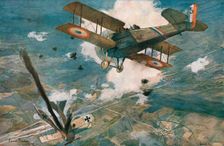 'Combat Aerien; L'avion ennemi s'abat en flammes. -- Le Spad vainqueur est encadre..., 1918. Creator: Francois Flameng