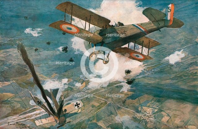 ''Combat Aerien; L'avion ennemi s'abat en flammes. -- Le Spad vainqueur est encadre..., 1918. Creator: Francois Flameng.