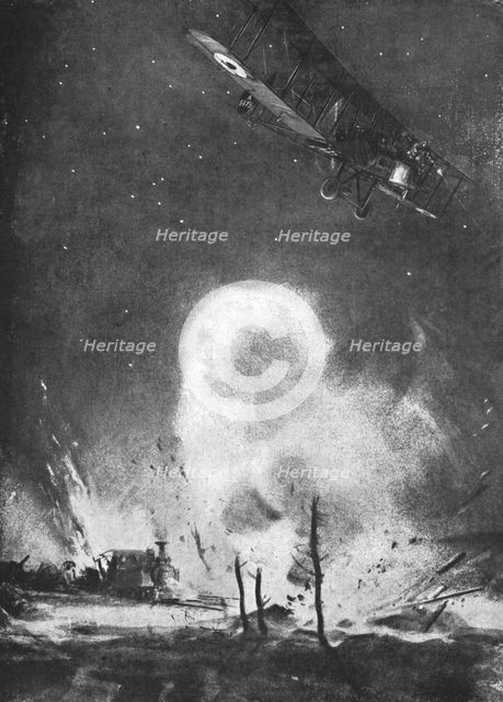 'Combat Aerien; La Guerre Aerienne sur le front Britannique; Bombardement de nuit a l'arriere..., 19 Creator: Joseph Simpson.