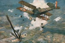 'Combat Aerien; L'avion ennemi s'abat en flammes. -- Le Spad vainqueur est encadre..., 1918. Creator: Francois Flameng