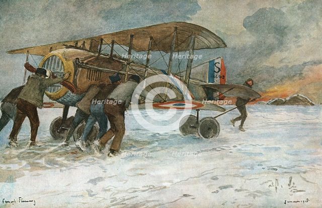 ''Combat Aerien; Retree d'Spad qui a atterri loin des hangars, a l'autre extremite..., 1918. Creator: Francois Flameng.