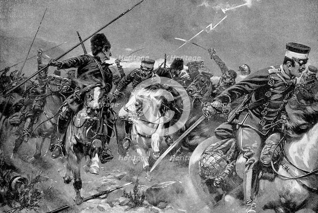Combat between Cossacks and Japanese Cavalry in a thunderstorm, Russo-Japanese War, 1904-5. Artist: Unknown