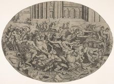 Combat between Amazons and men in front of architectural arcades, an oval composition with..., 1543. Creator: Enea Vico
