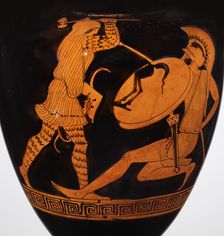 Combat between an Amazon and a Greek. (Nolan amphora) , ca 470-460 BC. Creator: Alcimachus Painter (active c. 460 BC)
