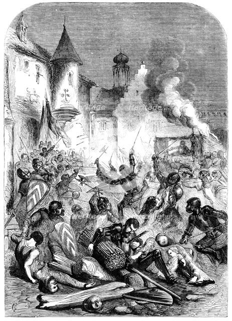 Combat between English and French knights in a square at Limoges. Artist: Unknown