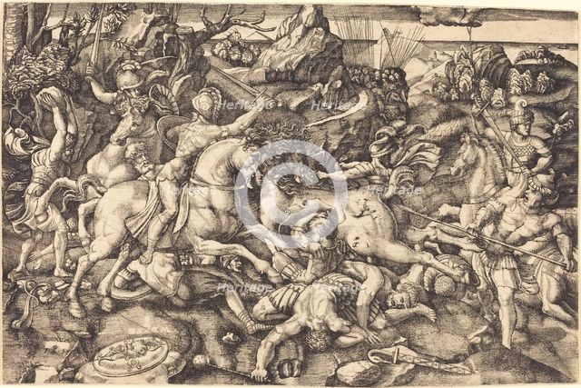 Combat between Horsemen and Foot Soldiers. Creator: Hieronymus Hopfer.