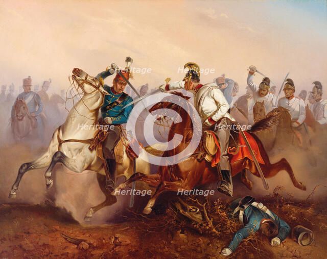 Combat between Imperial Austrian Dragoons and Hungarian Honvéd Hussars ….Hungary in 1849, 1854. Creator: Zimmer, Antonin (1819-1869).