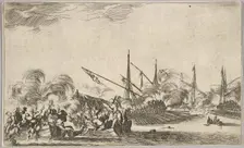 Combat between several rowboats and ships, two groups of men in rowboats fighting to left..., 1639. Creator: Stefano della Bella