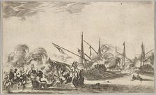 Combat between several rowboats and ships, two groups of men in rowboats fighting to left..., 1639. Creator: Stefano della Bella