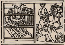 Combing, spinning and weaving of wool. From Speculum Vitae Humanae by Rodericus Zamorensis, 1479. Creator: Anonymous