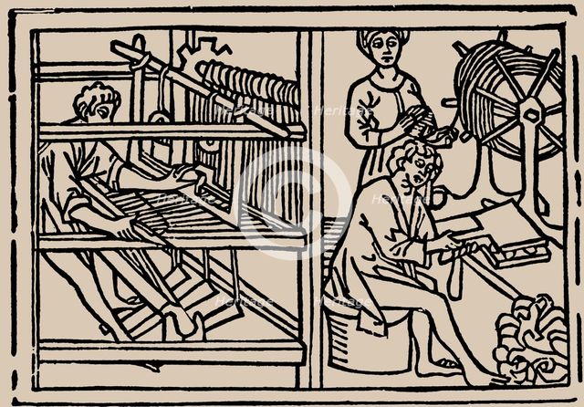 Combing, spinning and weaving of wool. From Speculum Vitae Humanae by Rodericus Zamorensis, 1479. Creator: Anonymous.
