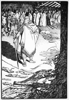 Come thou out, Housewife called Flosi to Bergthora 1913. Creator: Morris Meredith Williams