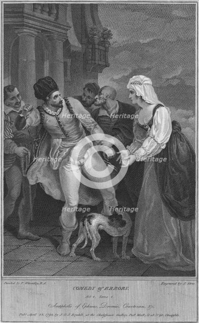 'Comedy of Errors Act 4 Scene 4. Antipholis of Ephesus, Dromio, Courtezan & c', 1798. Artist: James Stow.