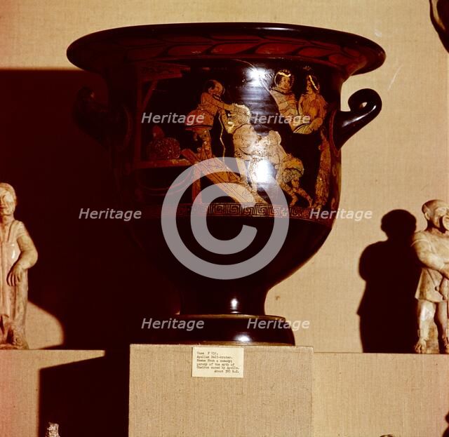 Comedy scene, Apollo cures Cheiron Krater, 380 BC