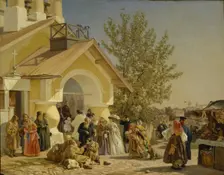 Coming out of a Church in Pskov, 1864. Artist: Morozov, Alexander Ivanovich (1835-1904)