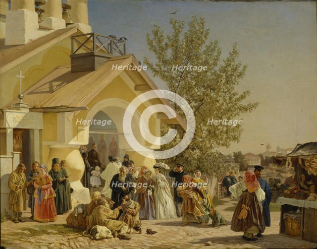 Coming out of a Church in Pskov, 1864. Artist: Morozov, Alexander Ivanovich (1835-1904)