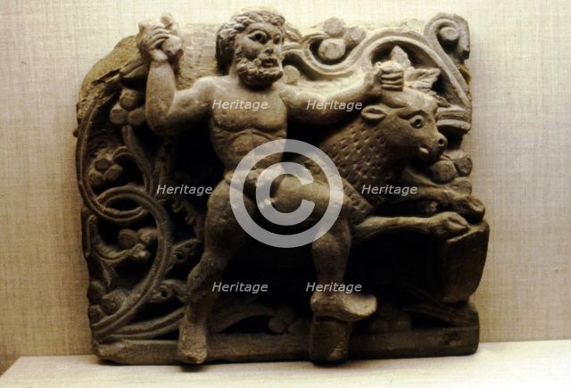 Comic relief, Egyptian Limestone, Herakles and the Cretian Bull, 4th century.  Artist: Unknown.