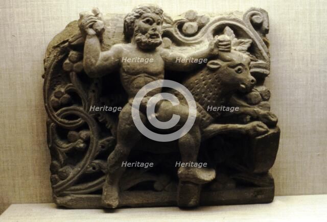 Comic relief, Egyptian Limestone, Herakles and the Cretian Bull, 4th century.  Artist: Unknown.