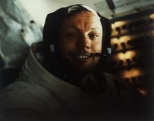 Commander Neil Armstrong in the Lunar Module on the Moon, Apollo 11 mission, July 1969. Creator: Buzz Aldrin