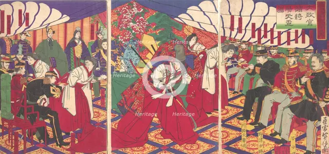 Commanders Receiving the Emperor's Drinking Cups, 1886 (Meiji 19). Creator: Yamazaki Toshinobu.