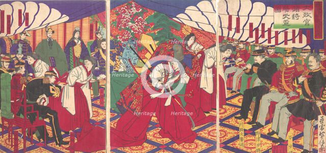 Commanders Receiving the Emperor's Drinking Cups, 1886 (Meiji 19). Creator: Yamazaki Toshinobu.