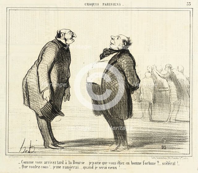 Comme vous arrivez tard à la Bourse..., 1857. Creator: Honore Daumier.