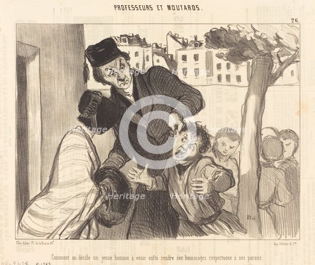 Comment on décide un jeune homme à venir enfin rendre ses hommages respectuex à se parens, 1846. Creator: Honore Daumier.