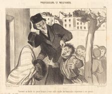Comment on décide un jeune homme à venir enfin rendre ses hommages respectuex à se parens, 1846. Creator: Honore Daumier
