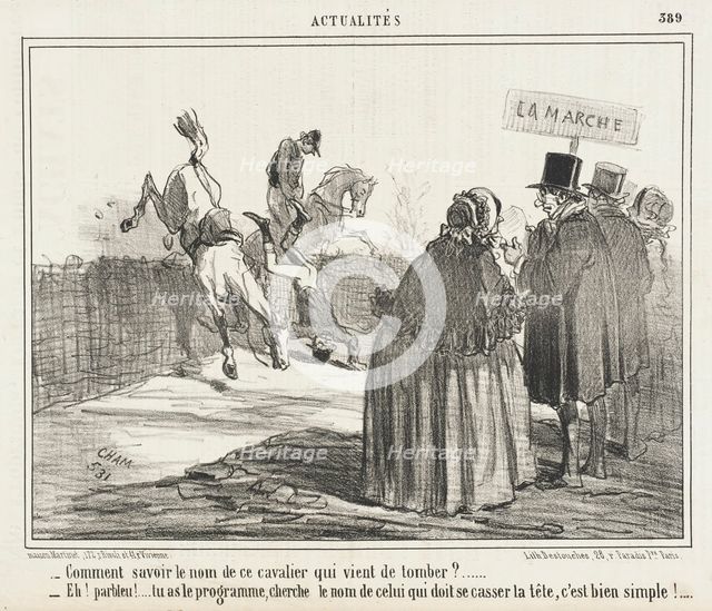 Comment savoir le nom de ce cavalier qui vient de tomber?... 1857. Creator: Cham.
