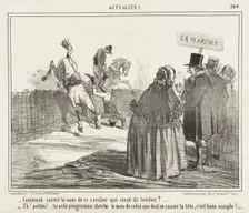 Comment savoir le nom de ce cavalier qui vient de tomber?... 1857. Creator: Cham