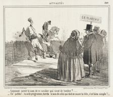 Comment savoir le nom de ce cavalier qui vient de tomber?... 1857. Creator: Cham
